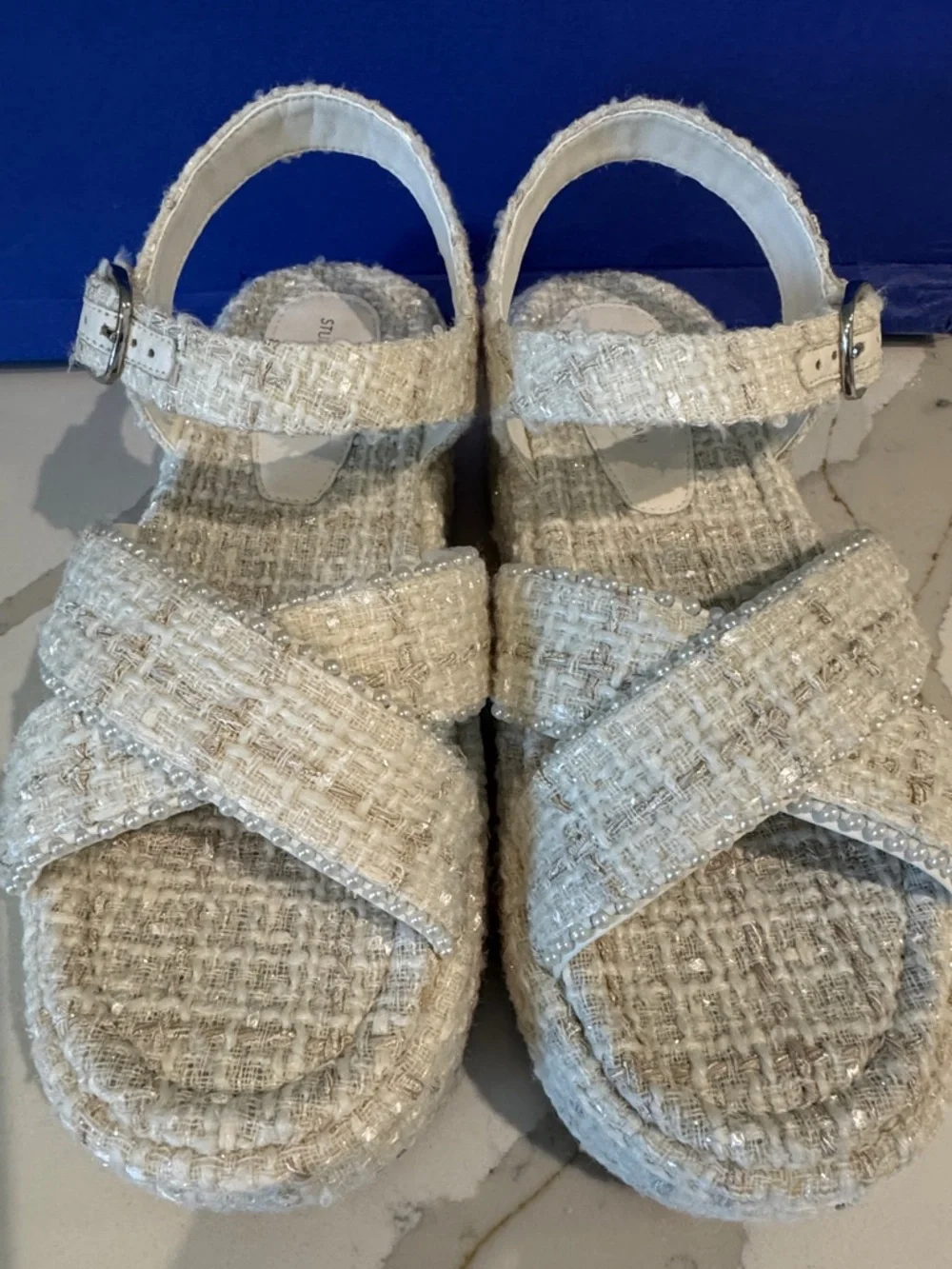 Stuart Weitzman Cream Tweed Crisscross Platform Sandals 9.5 Wide